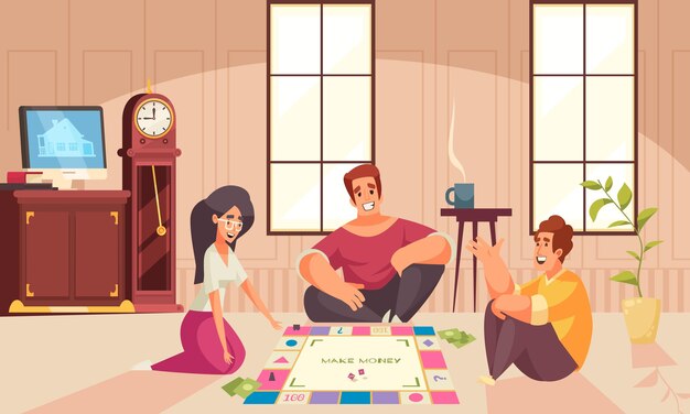 Composición de dinero de juegos de mesa dos hombres y una mujer juegan en el suelo de la habitación