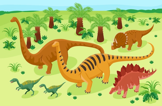 Composición de dinosaurios isométricos con paisajes exóticos de tiempos prehistóricos con reptiles andantes de varios tamaños e ilustraciones vectoriales coloreadas