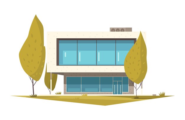 Composición de diseño de la casa con paisajes al aire libre con árboles e imagen de la fachada de la casa viva ilustración vectorial aislada plana
