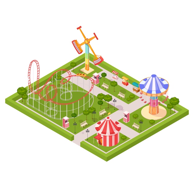 Composición de diseño de parque de atracciones con carpa rusa montaña rusa carrusel gigante columpio dibujos animados iconos isométricos