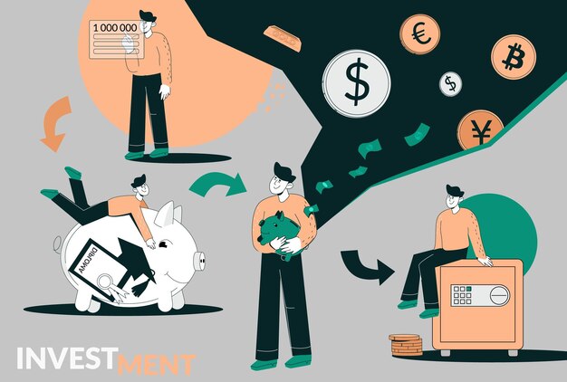 Composición de diversificación de cartera de inversión plana hombre ahorrando dinero de una alcancía a una gran cuenta bancaria ilustración vectorial