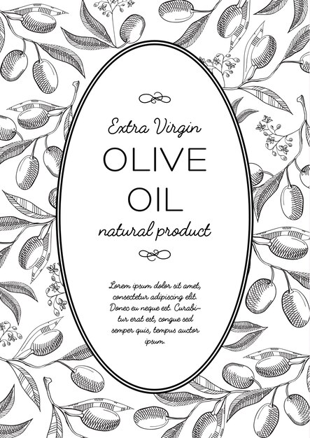 Composición de doodle de guirnalda ovalada de aceitunas verdes con hermosas flores e inscripción