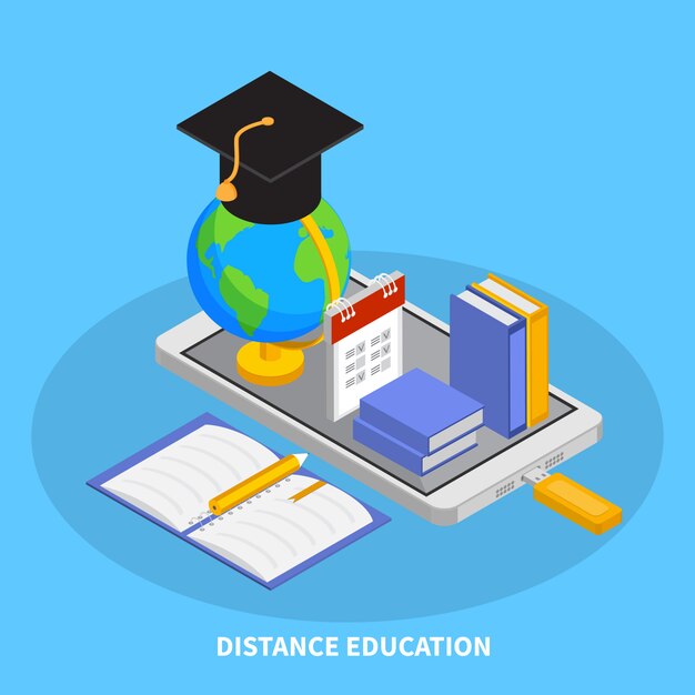 Composición de educación en línea con ilustración isométrica de símbolos de educación a distancia
