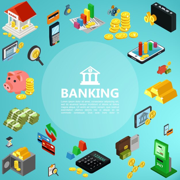 Composición de elementos bancarios isométricos con construcción de pago móvil lingotes de oro monedas dinero depósito seguro cajero automático calculadora de tarjetas de crédito hucha