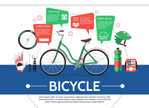 Composición de elementos de bicicleta plana con destornillador de llave de guante de velocímetro de casco de botella de rueda de bicicleta