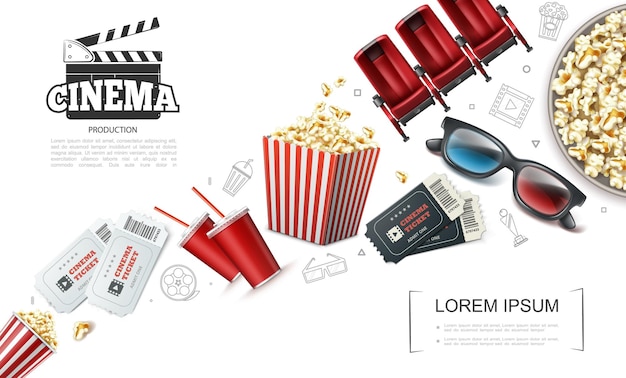Composición de elementos de cinematografía realista con entradas, palomitas de maíz, gafas 3d, claqueta