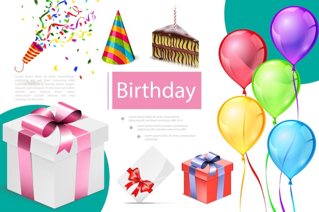 Composición de elementos de cumpleaños realista con cajas presentes globos coloridos tarjeta de invitación fiesta sombrero galleta pedazo de pastel ilustración