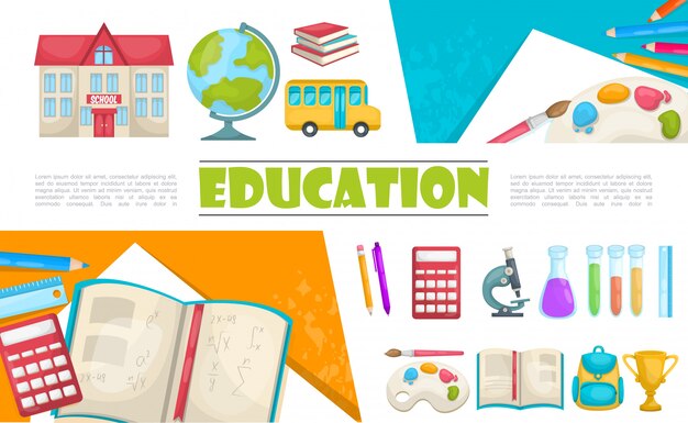 Composición de elementos de educación plana con edificio escolar autobús libros calculadora tubos químicos pluma lápiz microscopio pintura paleta bolsa taza