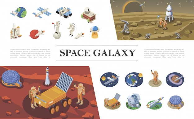 Composición de elementos espaciales isométricos con cohetes naves espaciales transbordadores astronautas reunión con extraterrestres ovni colonia espacial rover lunar diferentes planetas