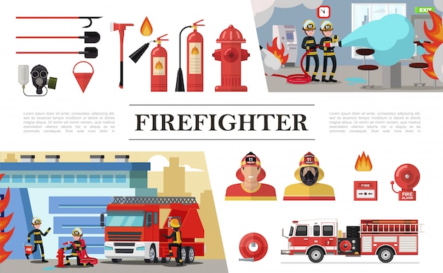 Vector gratuito composición de elementos de extinción de incendios planos con brigadas de rescate palas máscara de gas manguera de incendios extintores de hidrantes cubo bombero camión alarma campana