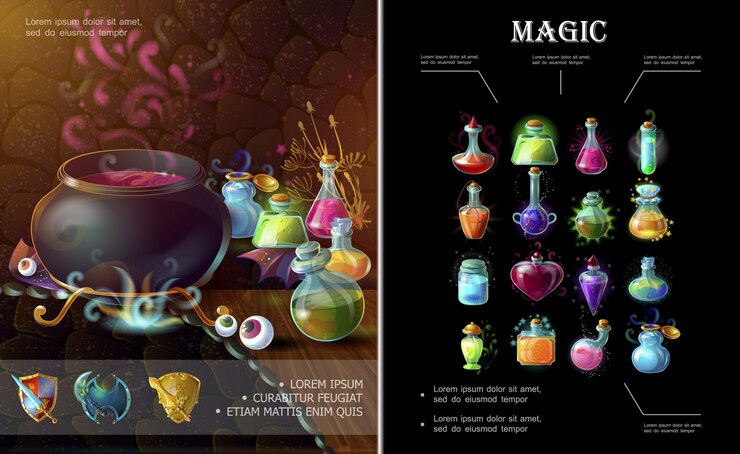 Vector gratuito composición de elementos del juego de dibujos animados con botellas de caldero de brujas de armas medievales y frascos de diferentes pociones mágicas de colores y elixires