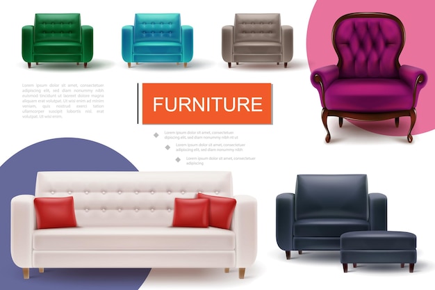 Composición de elementos de mobiliario realista con texto sillones coloridos suaves y sofá con almohadas