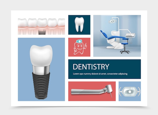 Composición de elementos de odontología realista con implantes dentales diente máquina lámpara dentista lugar de trabajo aislado ilustración