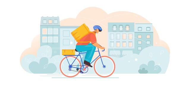 Composición de entrega de bicicletas con carácter plano de mensajero montando bicicleta con bolsa de transporte en el paisaje urbano