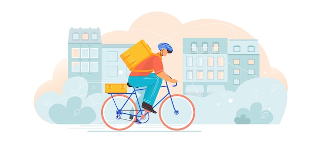 Composición de entrega de bicicletas con carácter plano de mensajero montando bicicleta con bolsa de transporte en el paisaje urbano