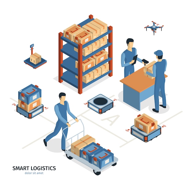 Composición de entrega de logística isométrica con imágenes de cajas de paquetes de estantes y personajes humanos de trabajadores ilustración vectorial