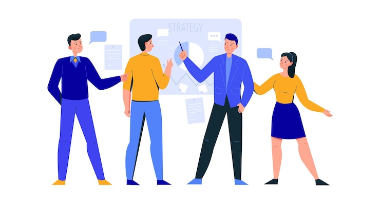 Vector gratuito composición de escenas de oficina con un grupo de compañeros de trabajo discutiendo la estrategia en la junta