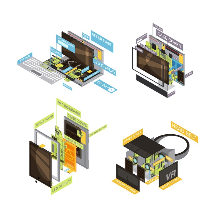 Vector gratuito composición de esquema de cuatro gadgets de color cuadrado con tipos y partes de computadoras y tabletas ilustración vectorial