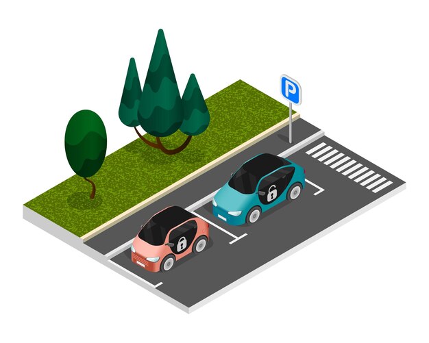 Composición de estacionamiento de colores isométricos con dos autos debidamente estacionados parados en el borde de la carretera en un estacionamiento