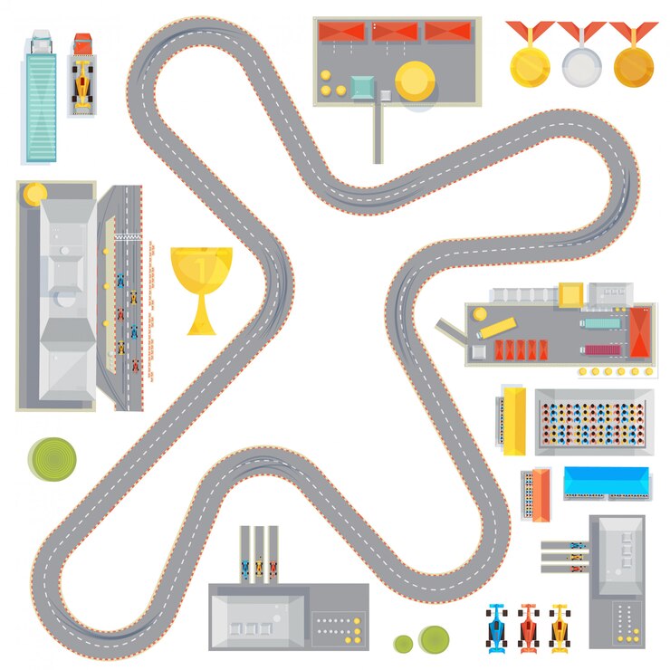 Vector gratuito composición con estaciones de servicio de garajes de carreras con curvas e icono de medallas y medallas de autos de carreras