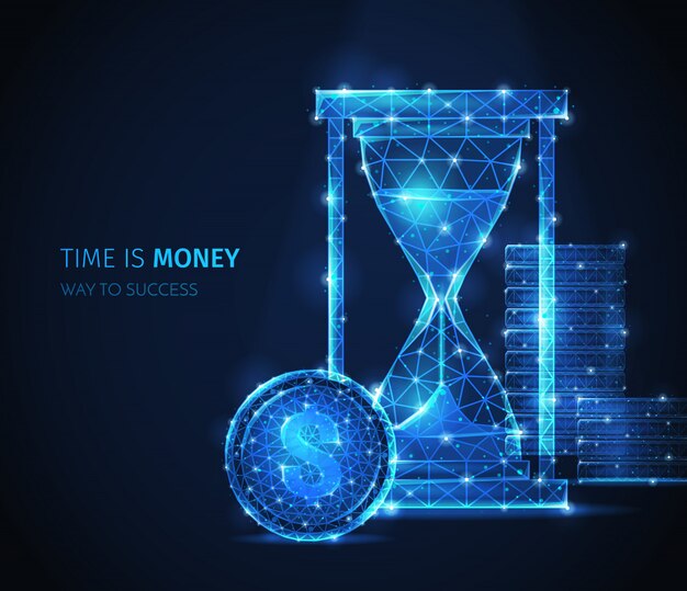 Composición de estrategia comercial de estructura metálica poligonal con texto e imágenes brillantes de reloj de arena clásico con partículas