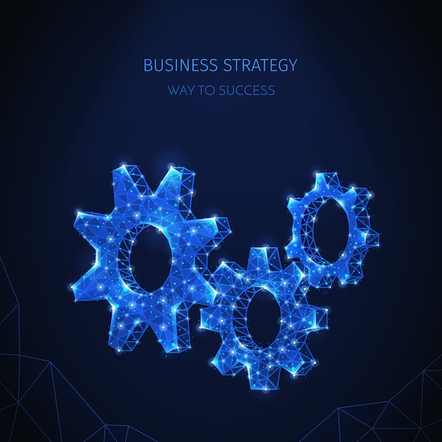 Composición de estrategia empresarial de estructura metálica poligonal con imágenes brillantes de iconos de engranajes con partículas brillantes y texto