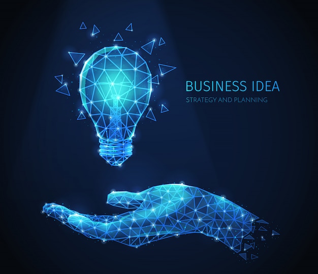 Composición de estrategia empresarial de estructura metálica poligonal con imágenes brillantes de mano humana y lámpara incandescente con texto