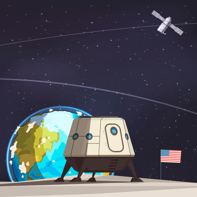 Composición de exploración espacial con rover lunar y satélite terrestre artificial volando