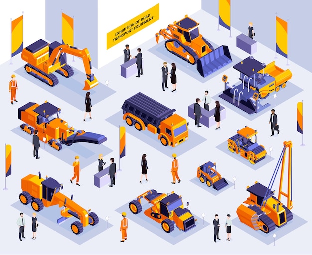 Composición de exposición de construcción isométrica con escenario interior de stand de exposición con vehículos de maquinaria vial e ilustración de personas