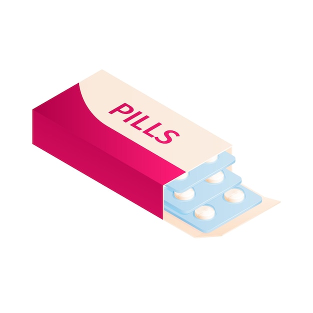 Vector gratuito composición de farmacia de medicina isométrica con imagen aislada de paquete de píldoras en ilustración de vector de fondo en blanco