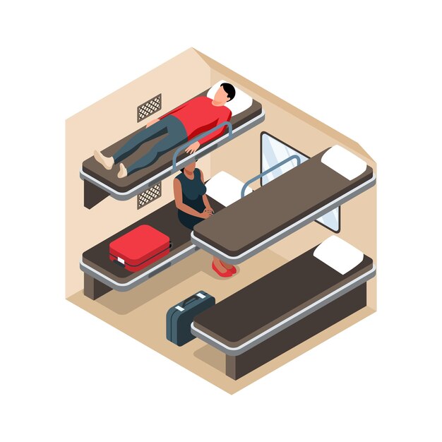 Composición ferroviaria isométrica con vista de sección en vagón de tren de larga distancia con asientos para dormir y pasajeros ilustración