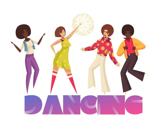 Composición de fiesta disco con texto y personajes de gente bailando con ropa de estilo disco ilustración vectorial