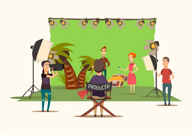 Composición de filmación de situaciones afortunadas con diseño de escenario de película imitando el paisaje de la isla del tesoro con unidad de producción, ilustración vectorial