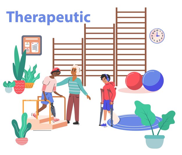 Composición de fisioterapia y rehabilitación con símbolos terapéuticos ilustración vectorial plana