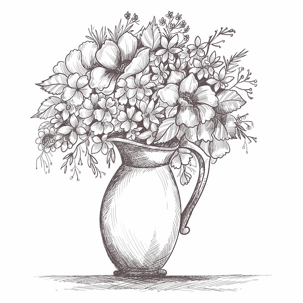 Composición floral. Ramo con plantas y flores de primavera dibujadas a mano