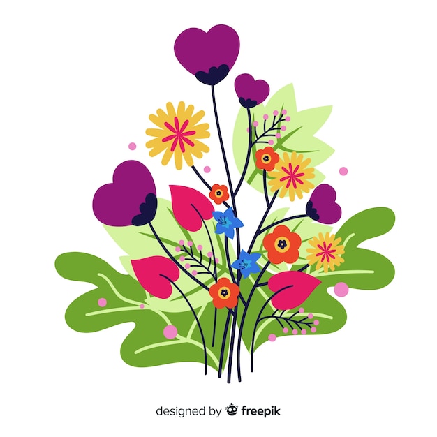 Vector gratuito composición con flores en flor y ramas en forma de corazón