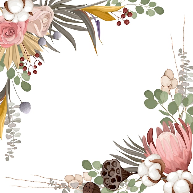 Composición de flores secas de Boho con espacio vacío rodeado de hojas frescas y flores con ilustración de hojas maduras