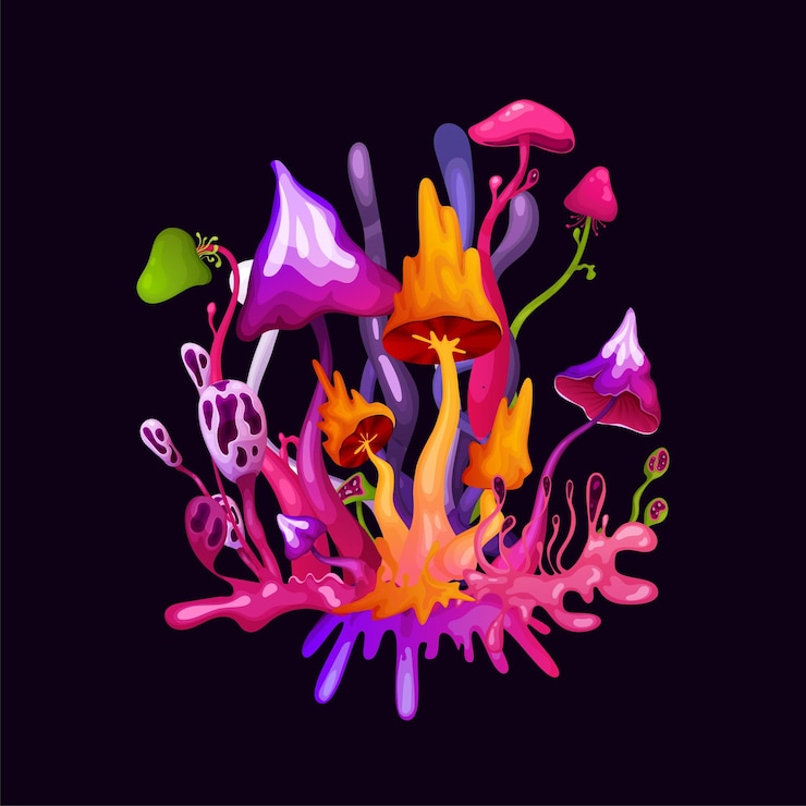 Vector gratuito composición fluorescente de dibujos animados psicodélicos con setas de colores mágicos brillantes en la ilustración de vector de fondo negro