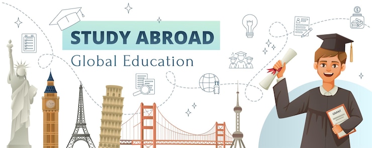 Vector gratuito composición de fondo de dibujos animados de intercambio de estudiantes de educación global con texto de vistas famosas y ilustración de vector de personaje de chico graduado de garabato