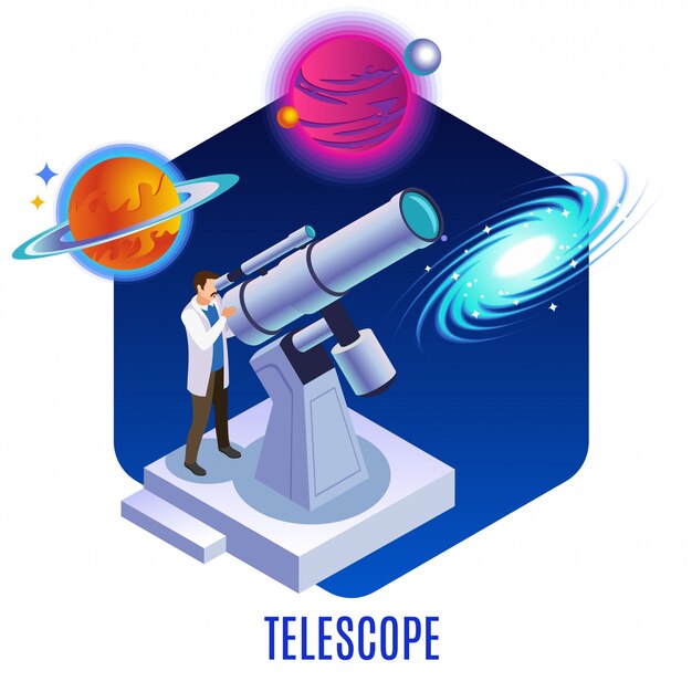 Composición de fondo isométrica de astrofísica con astrónomo observando planetas coloridos galaxias cuerpos celestes con ilustración de telescopio óptico