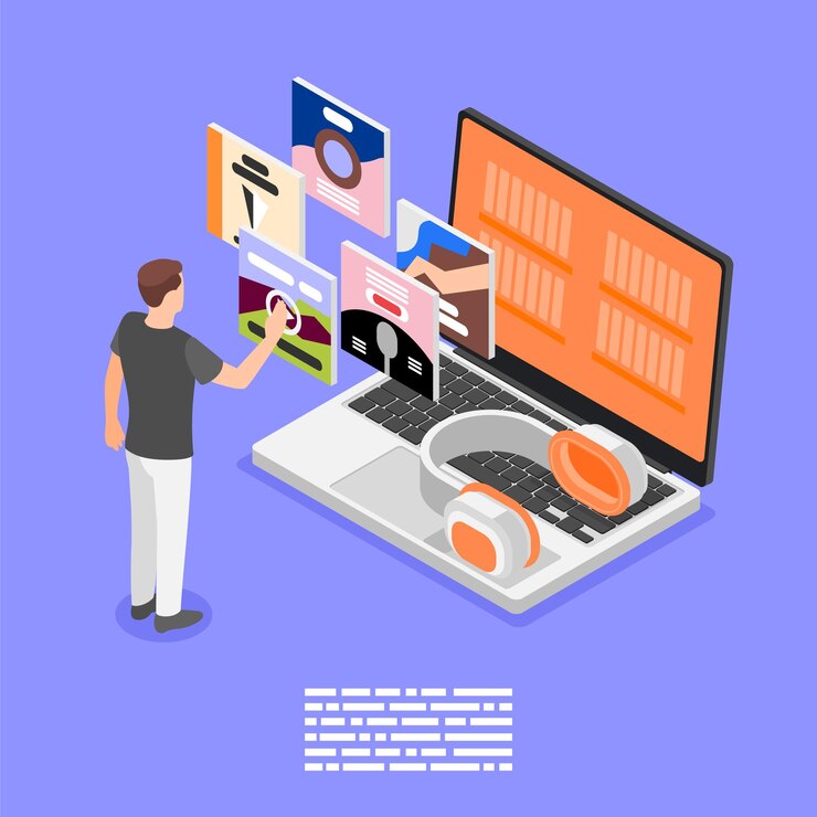 Vector gratuito composición de fondo isométrica de libros de audio con carácter humano moviendo piezas de contenido con ilustración de vector de computadora portátil y auriculares