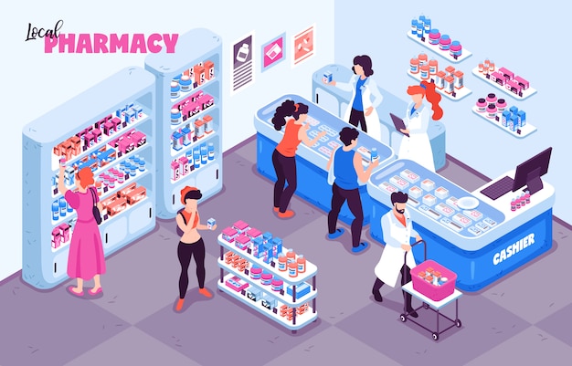 Vector gratuito composición de fondo isométrico de farmacia con vista interior de la tienda de medicina personajes humanos y bastidores con ilustración de estantes