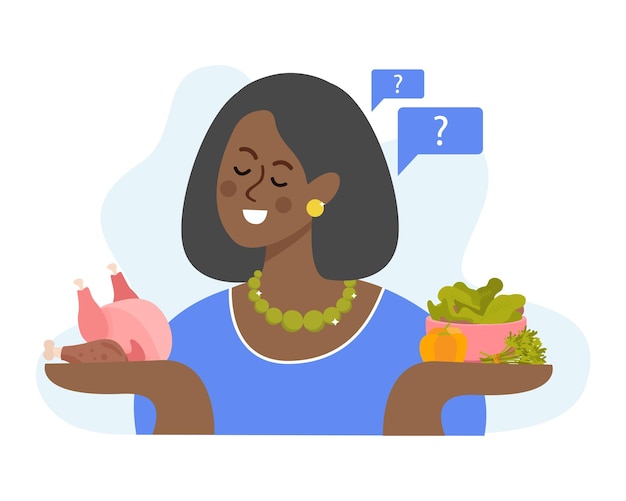 Vector gratuito composición de fondo plano de macronutrientes con mujer negra de estilo de dibujos animados sosteniendo carne y verduras en sus manos ilustración vectorial