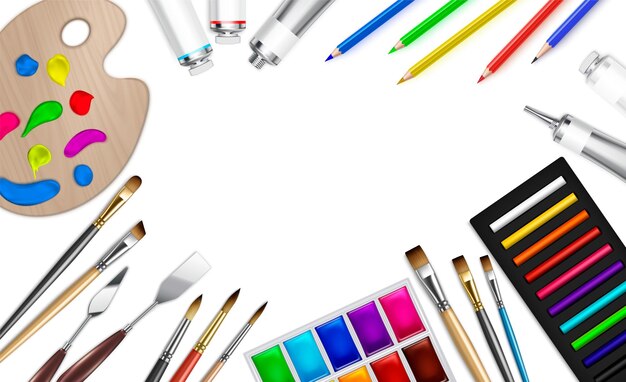 Composición de fondo realista de herramientas de artista con espacio vacío rodeado de imágenes de pinceles, lápices e ilustración vectorial de paleta