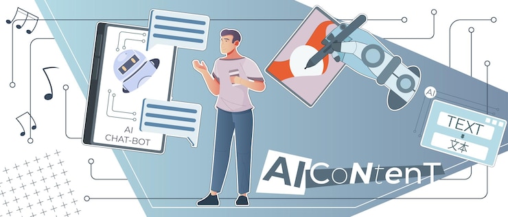 Vector gratuito composición generada por ia con collage de iconos planos dibujo de mano robótico bot de chat de imágenes e ilustración vectorial de texto