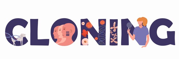 Composición genética de clonación con texto plano y caracteres de garabatos de clones con iconos de ilustración vectorial de células sanguíneas