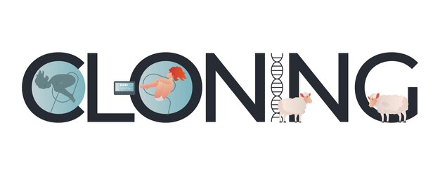 Composición genética de clonación con texto plano e íconos de ADN embrionario y ovejas en ilustración vectorial de fondo en blanco