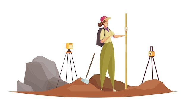 Vector gratuito composición de geólogos con personajes femeninos trabajando con brújulas de tránsito en soportes de trípode ilustración vectorial