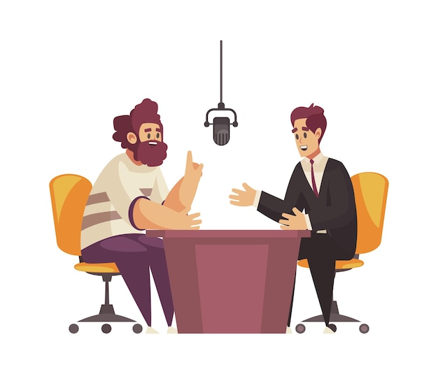 Vector gratuito composición de grabación de estudio de radio con personajes de invitados y presentadores de programas de entrevistas hablando en una ilustración de vector de micrófono