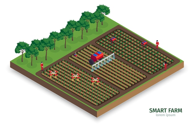 Composición de granja inteligente isométrica con vista exterior de plantaciones con árboles, personas y tractores drones automatizados